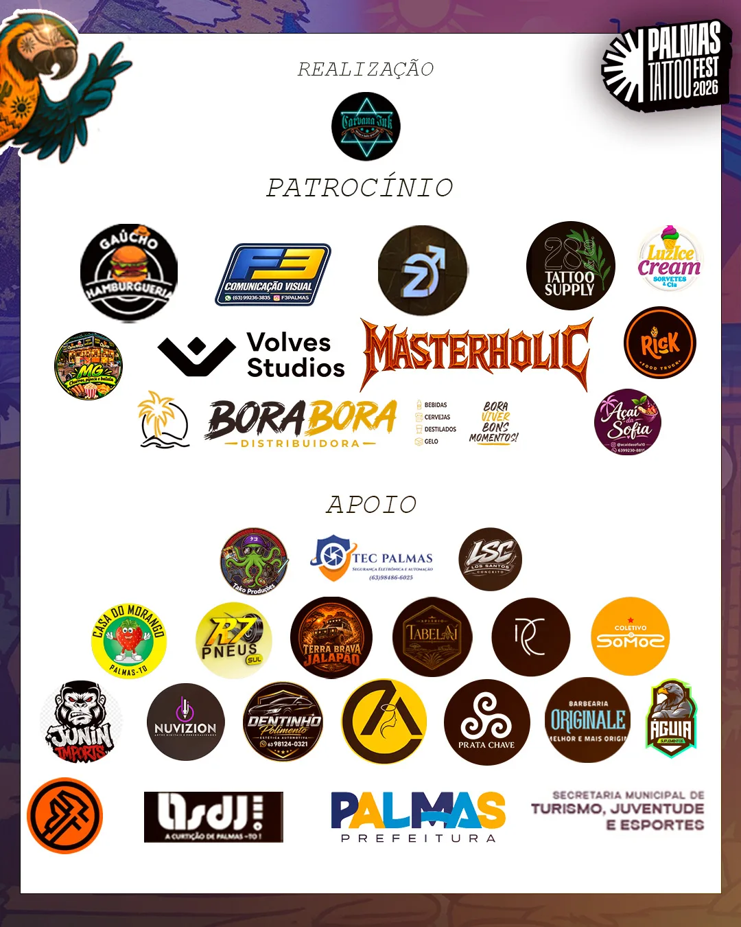 Painel com as logomarcas de todos os patrocinadores e apoiadores do Palmas Tattoo Fest 2026