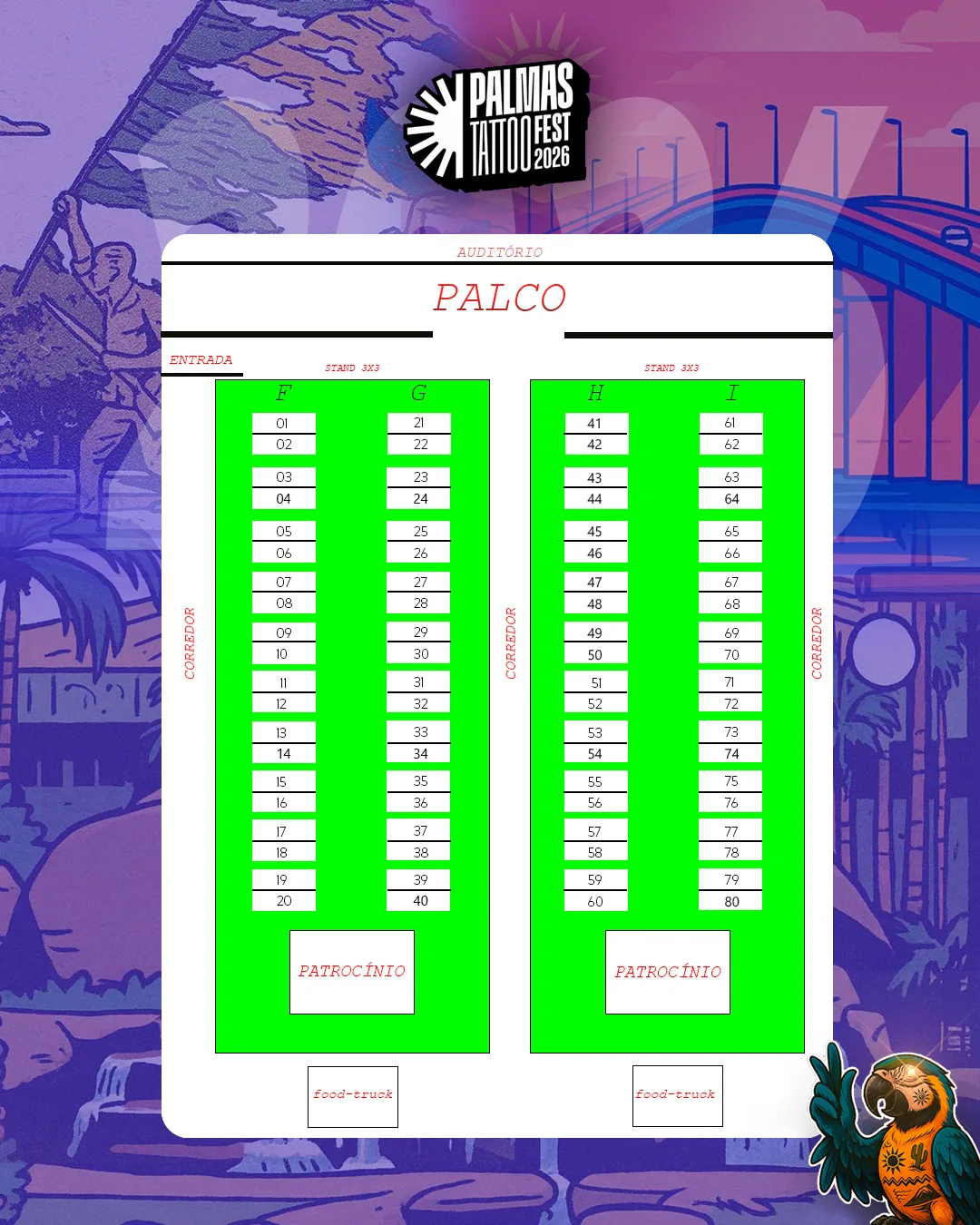 Mapa do salão: quatro blocos de stands (F, G, H e I), palco no auditório, áreas de patrocínio ao fundo e food trucks na saída